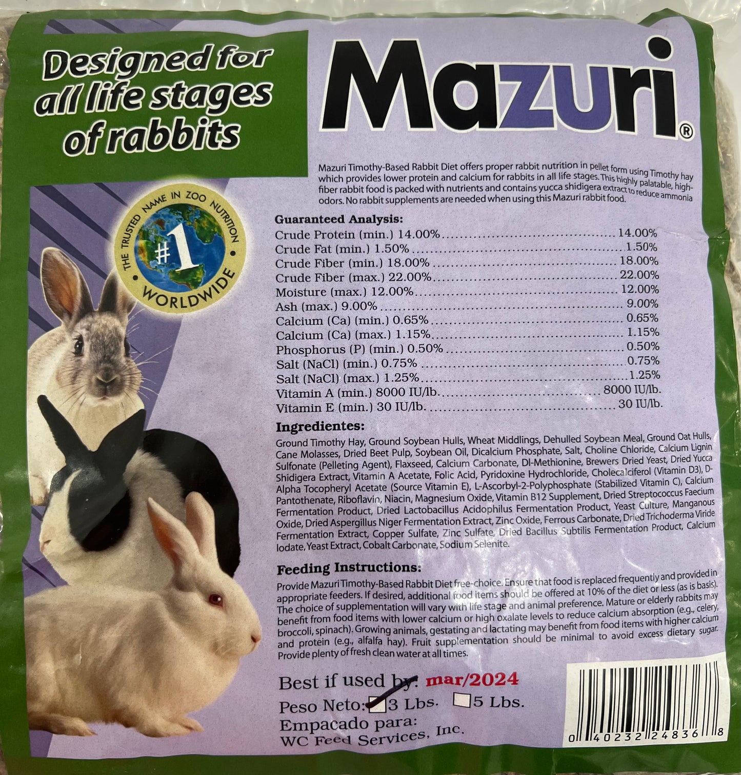 Mazuri - Designed for all life Stages of rabbits 3Lb